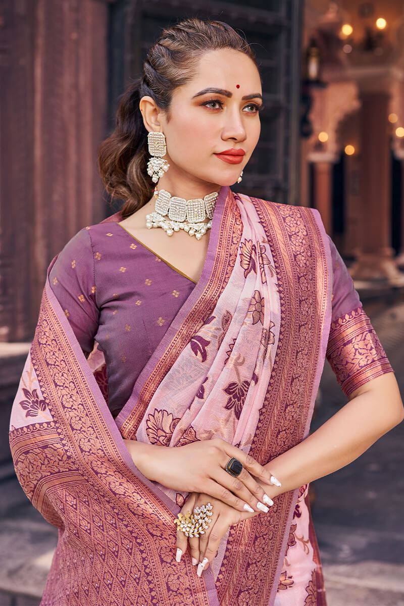 Marvellous Lavender Organza Silk Saree With Lassitude Blouse Piece