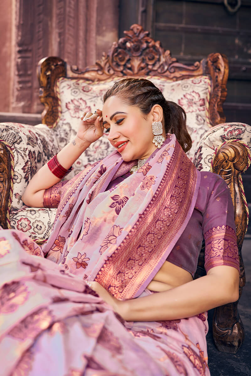 Marvellous Lavender Organza Silk Saree With Lassitude Blouse Piece