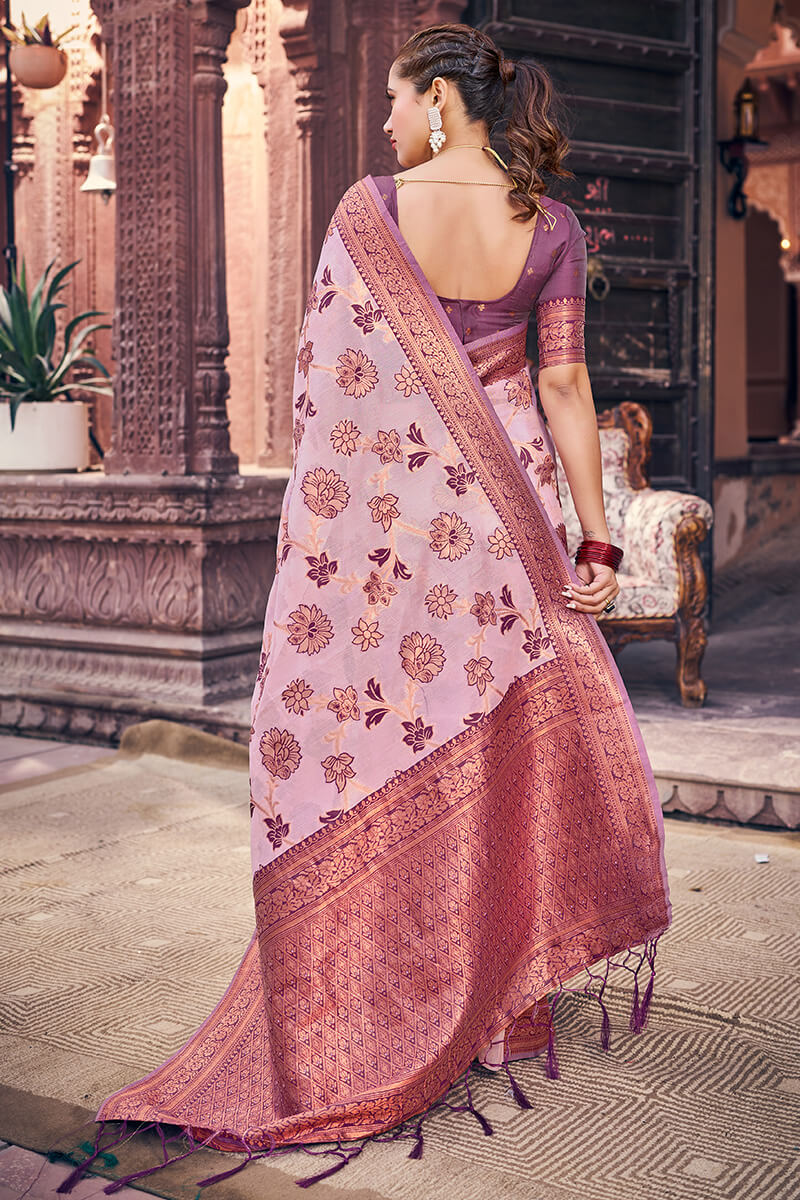 Marvellous Lavender Organza Silk Saree With Lassitude Blouse Piece