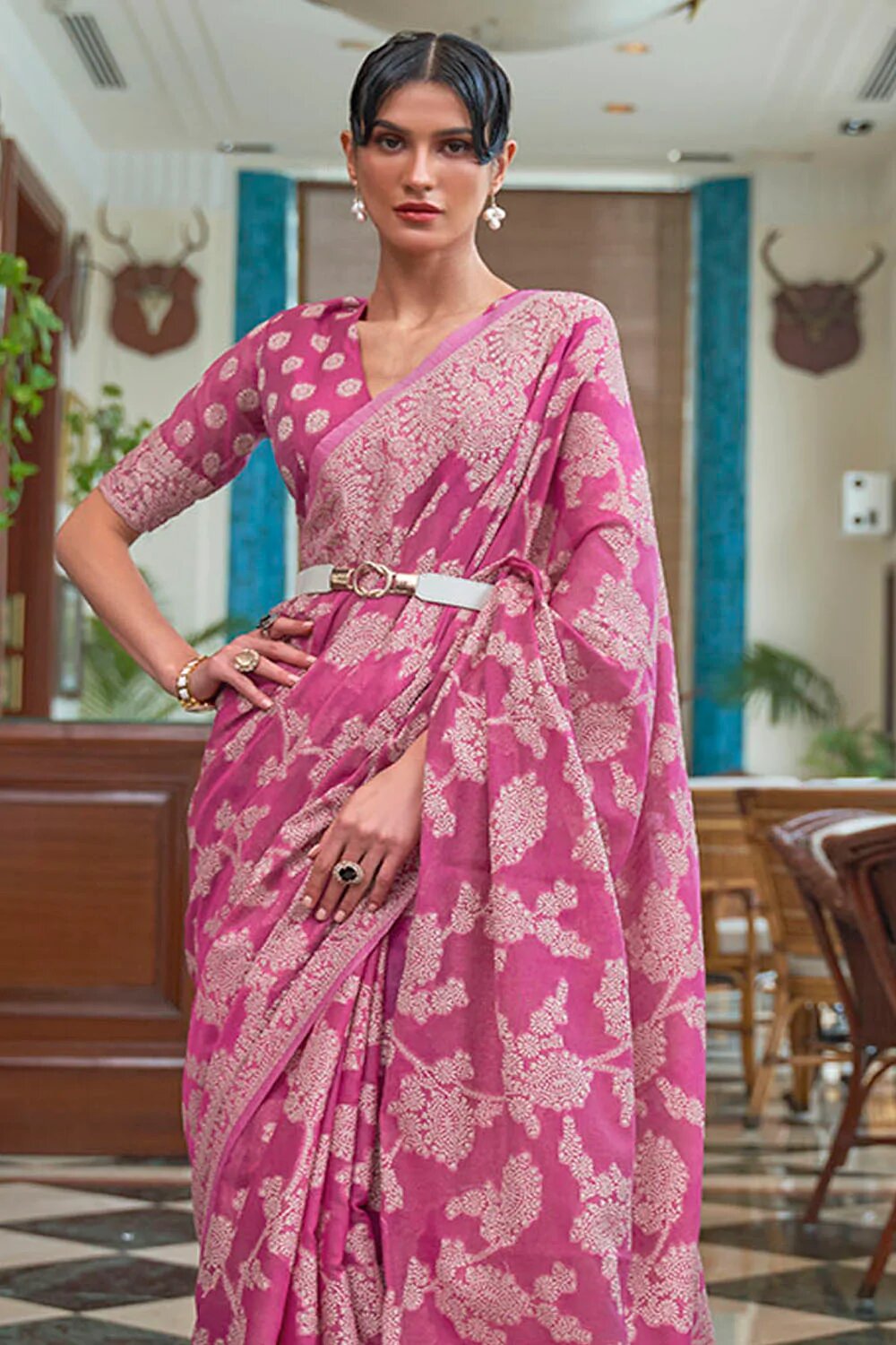 Gorgeous Pink Lucknowi work Silk Saree With Fancifull Blouse Piece