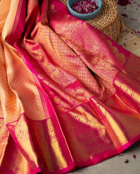 Tremendous Peach Soft Banarasi Silk Saree With Evocative Blouse Piece