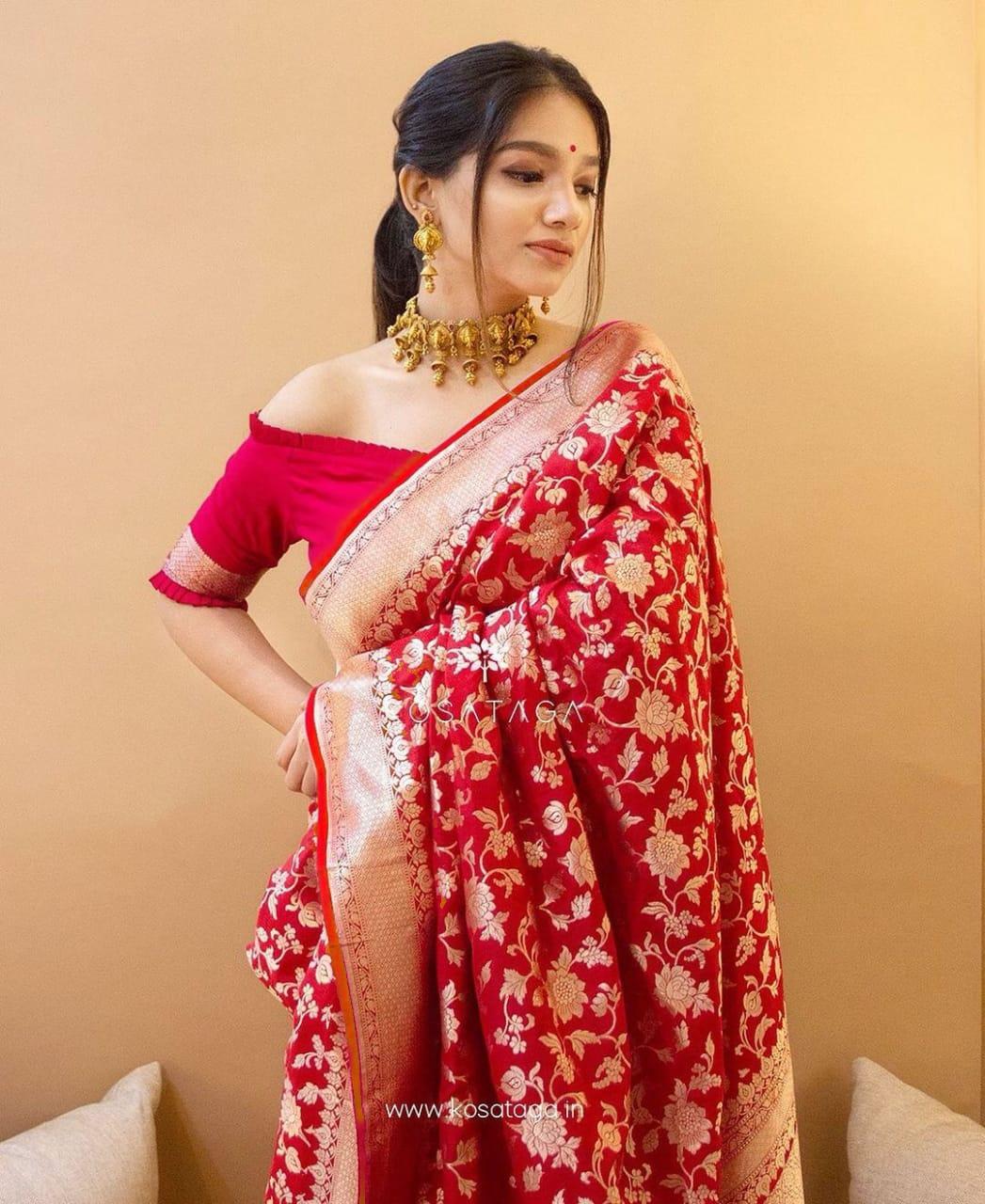 Sizzling Red Soft Banarasi Silk Saree With Impressive Blouse Piece