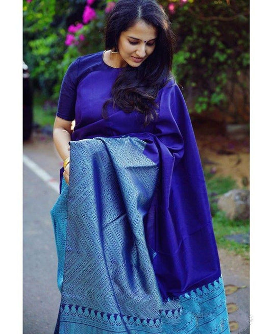 Symmetrical Blue Soft Silk Saree With Dalliance Blouse Piece