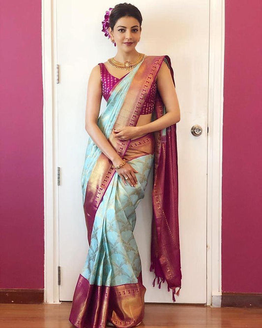 Serendipity Sky Soft Banarasi Silk Saree With Incomparable Blouse Piece