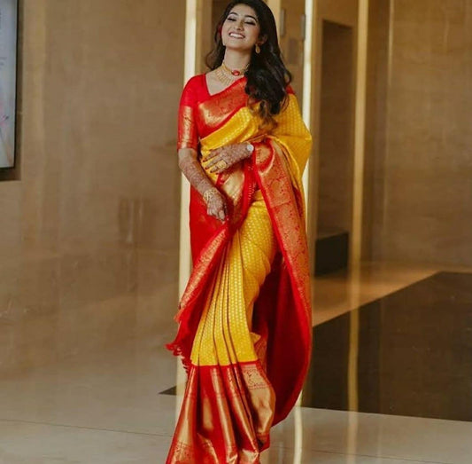 Serendipity Yellow Soft Banarasi Silk Saree With Exuberant Blouse Piece