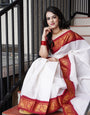 Adorable Off White Soft Banarasi Silk Saree With Majesty Blouse Piece