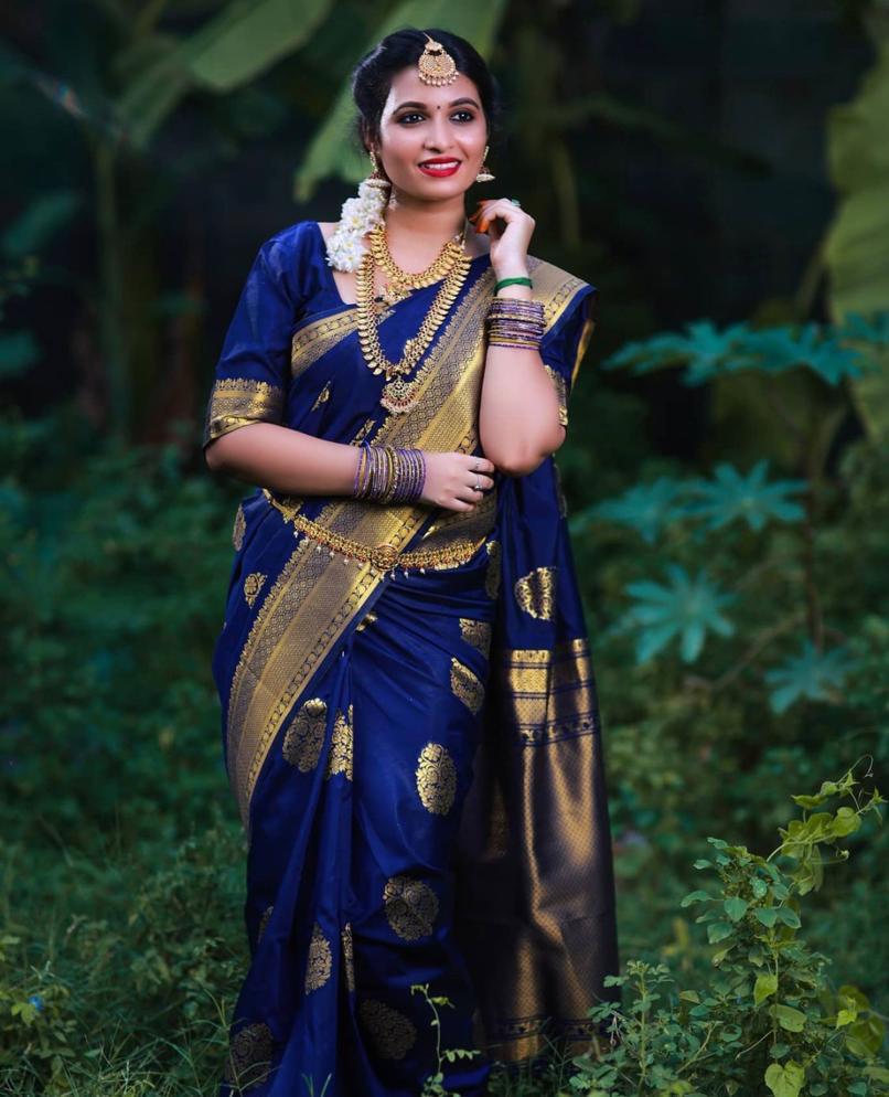 Serendipity Blue Soft Banarasi Silk Saree With Splendorous Blouse Piece