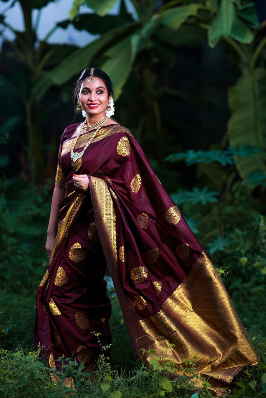 Most Wine Soft Banarasi Silk Saree With Gratifying Blouse Piece