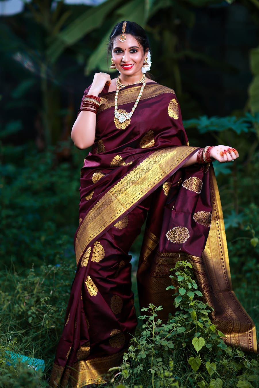 Most Wine Soft Banarasi Silk Saree With Gratifying Blouse Piece