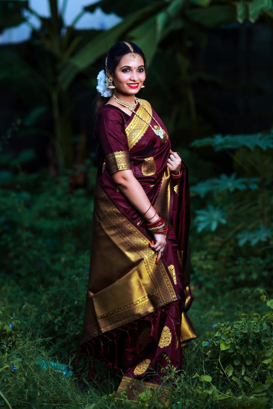 Most Wine Soft Banarasi Silk Saree With Gratifying Blouse Piece