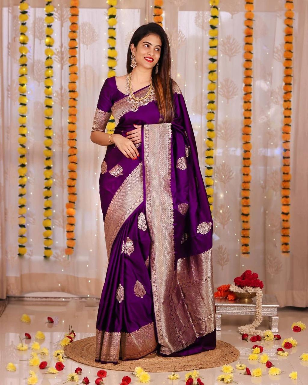 Superb Purple Soft Banarasi Silk Saree With Luxuriant Blouse Piece