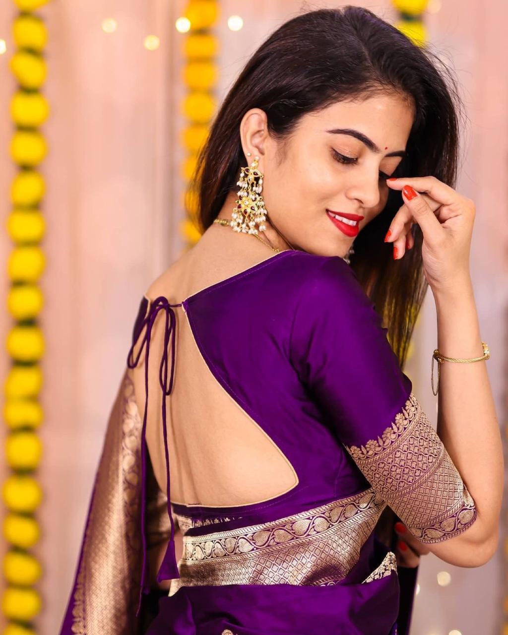 Superb Purple Soft Banarasi Silk Saree With Luxuriant Blouse Piece