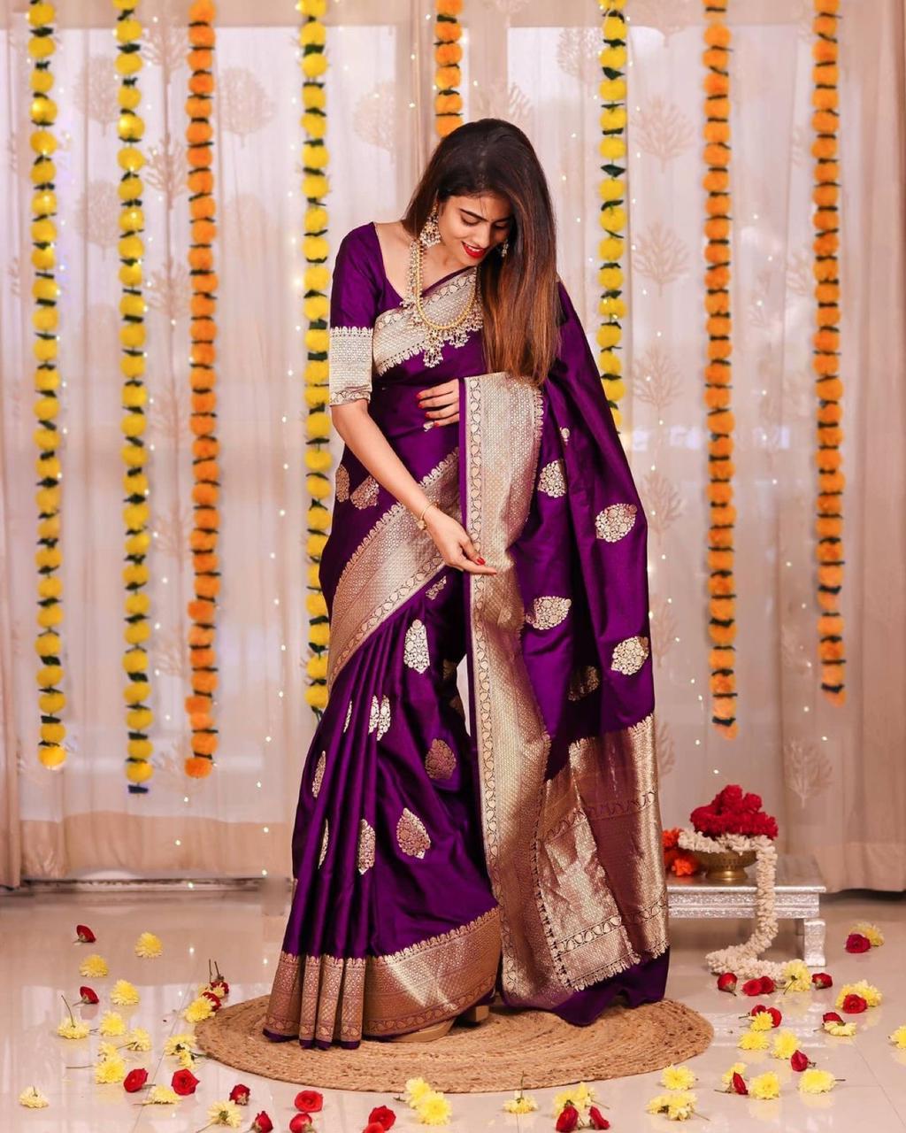 Superb Purple Soft Banarasi Silk Saree With Luxuriant Blouse Piece