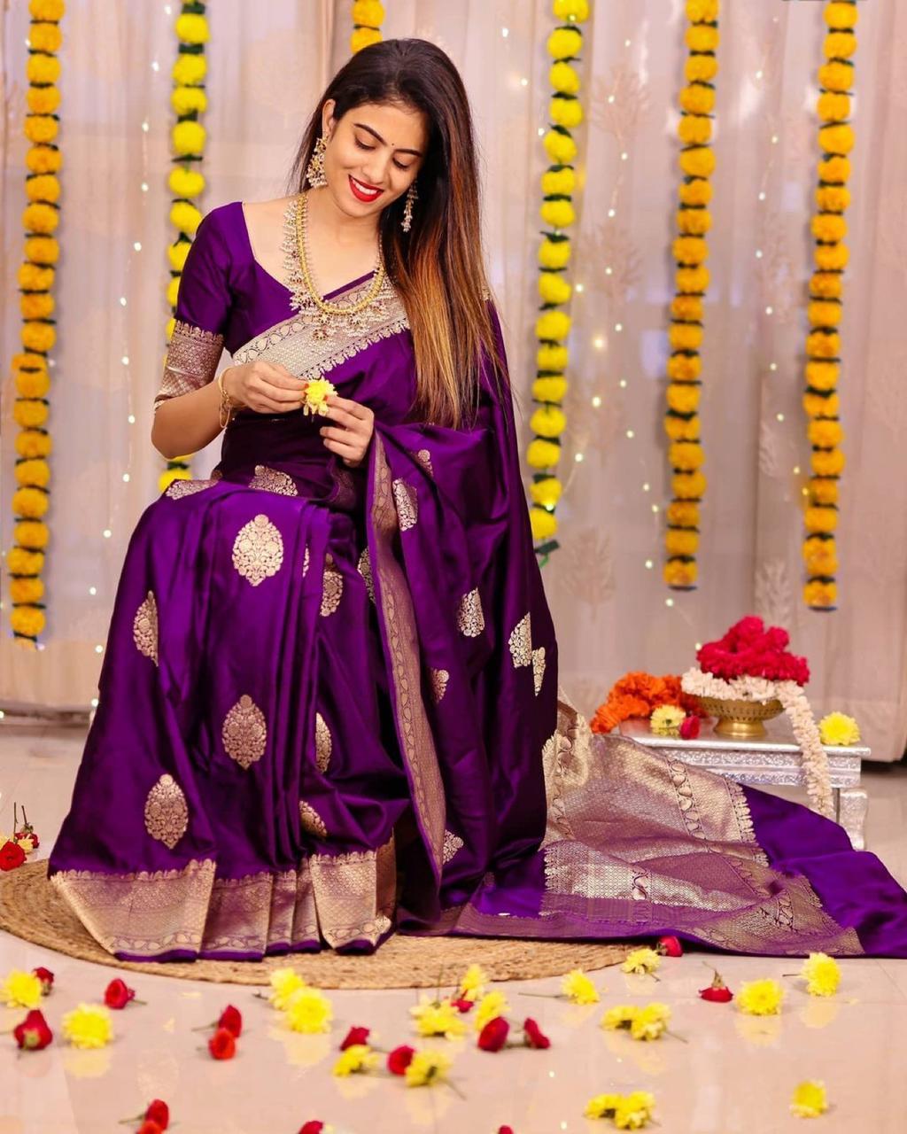 Superb Purple Soft Banarasi Silk Saree With Luxuriant Blouse Piece