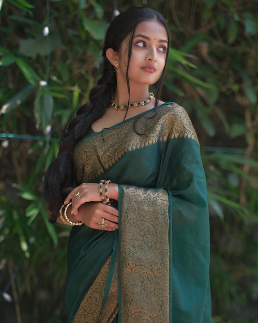Amiable Dark Green Soft Silk Saree With Dazzling Blouse Piece