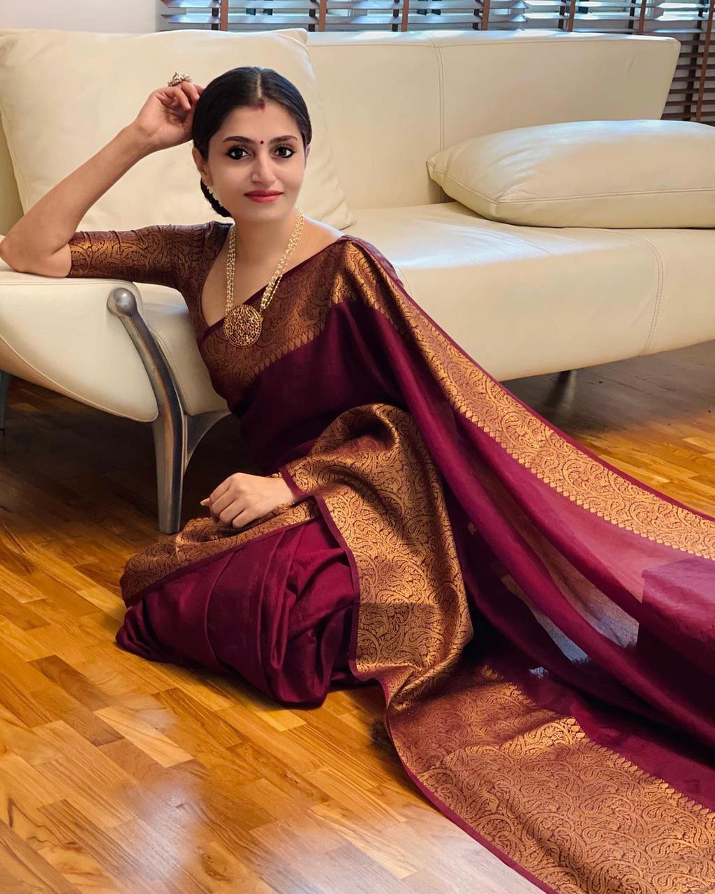 Snazzy Wine Soft Silk Saree With Wonderful Blouse Piece