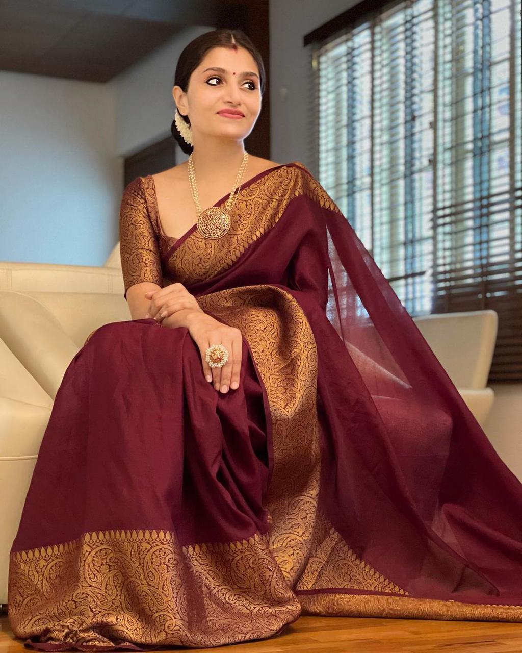 Snazzy Wine Soft Silk Saree With Wonderful Blouse Piece