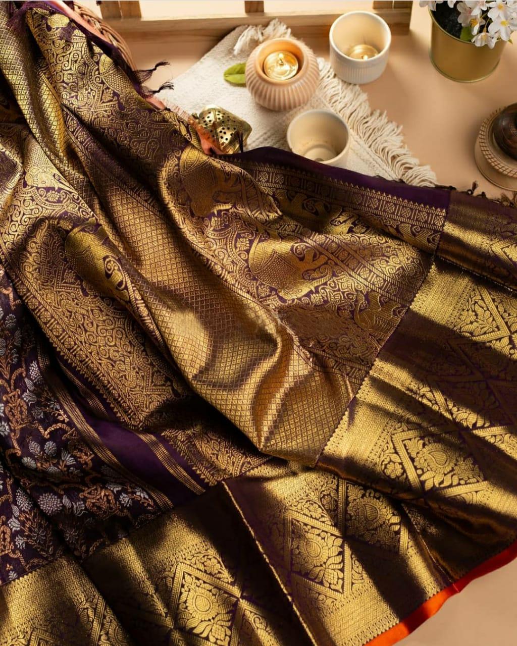 Tempting Wine Soft Banarasi Silk Saree With Luxuriant Blouse Piece