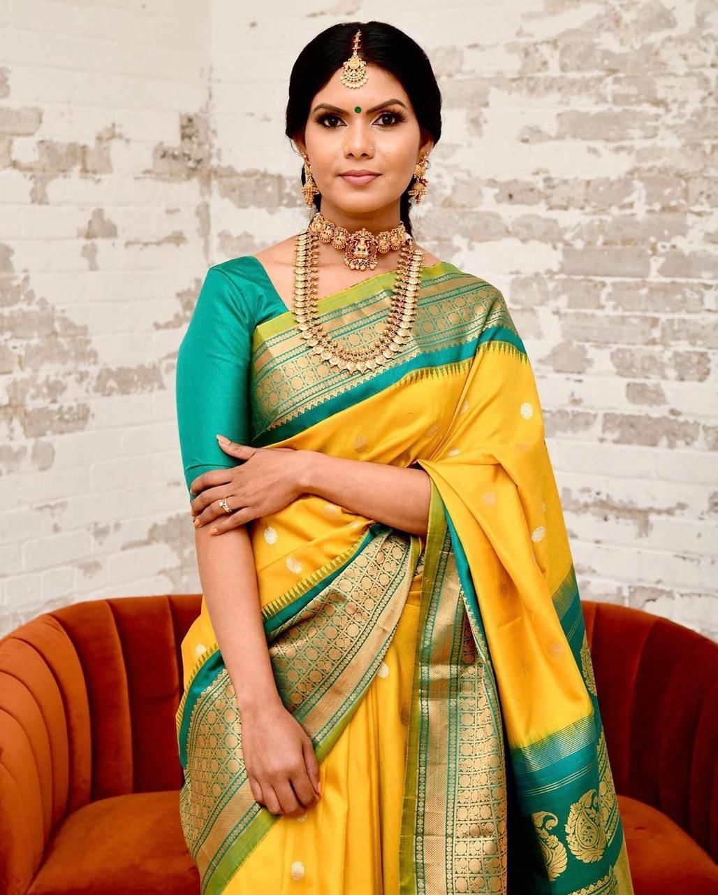 Glowing Yellow Soft Banarasi Silk Saree With Charming Blouse Piece