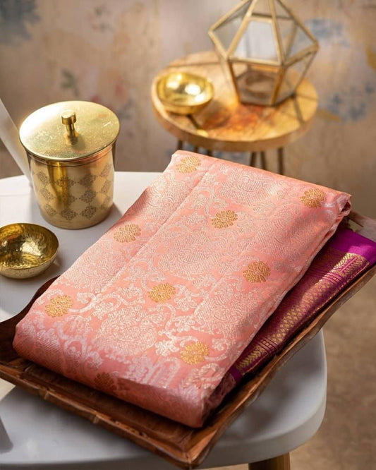 Fugacious Pink Soft Banarasi Silk Saree With Improbable Blouse Piece