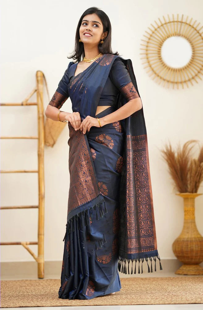 Lagniappe Navy Blue Soft Silk Saree With Engaging Blouse Piece