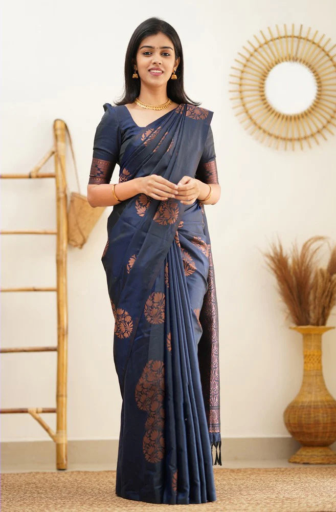 Lagniappe Navy Blue Soft Silk Saree With Engaging Blouse Piece