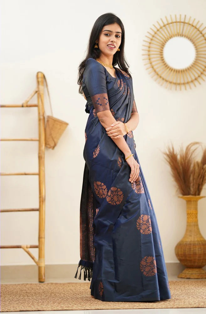 Lagniappe Navy Blue Soft Silk Saree With Engaging Blouse Piece