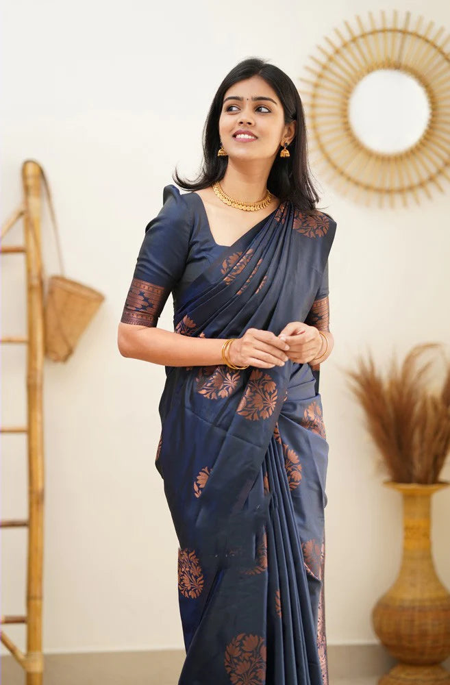 Lagniappe Navy Blue Soft Silk Saree With Engaging Blouse Piece