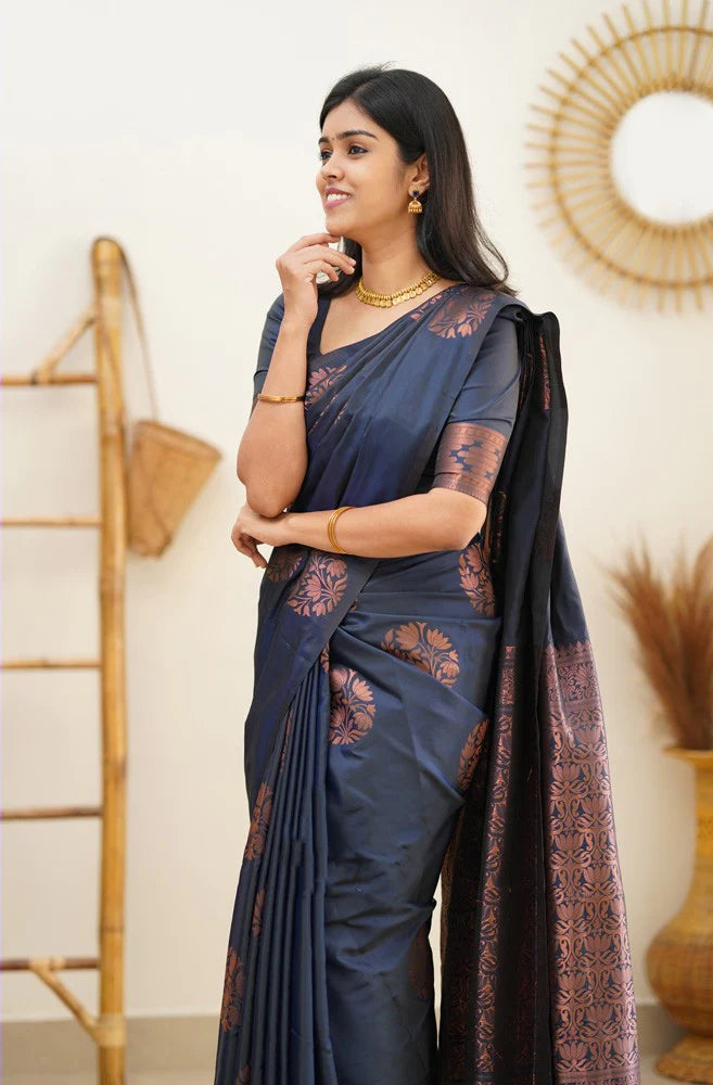 Lagniappe Navy Blue Soft Silk Saree With Engaging Blouse Piece