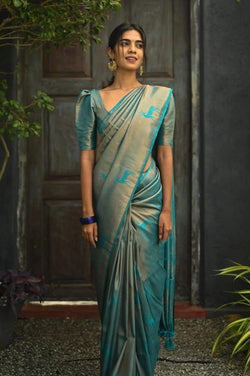 Tremendous Sky Soft Silk Saree With Incredible Blouse Piece