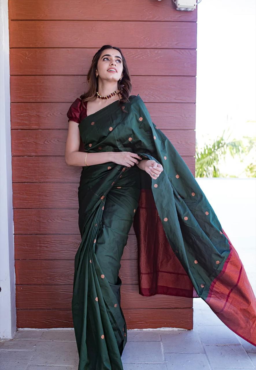 Devastating Dark Green Soft Silk Saree With Staggering Blouse Piece