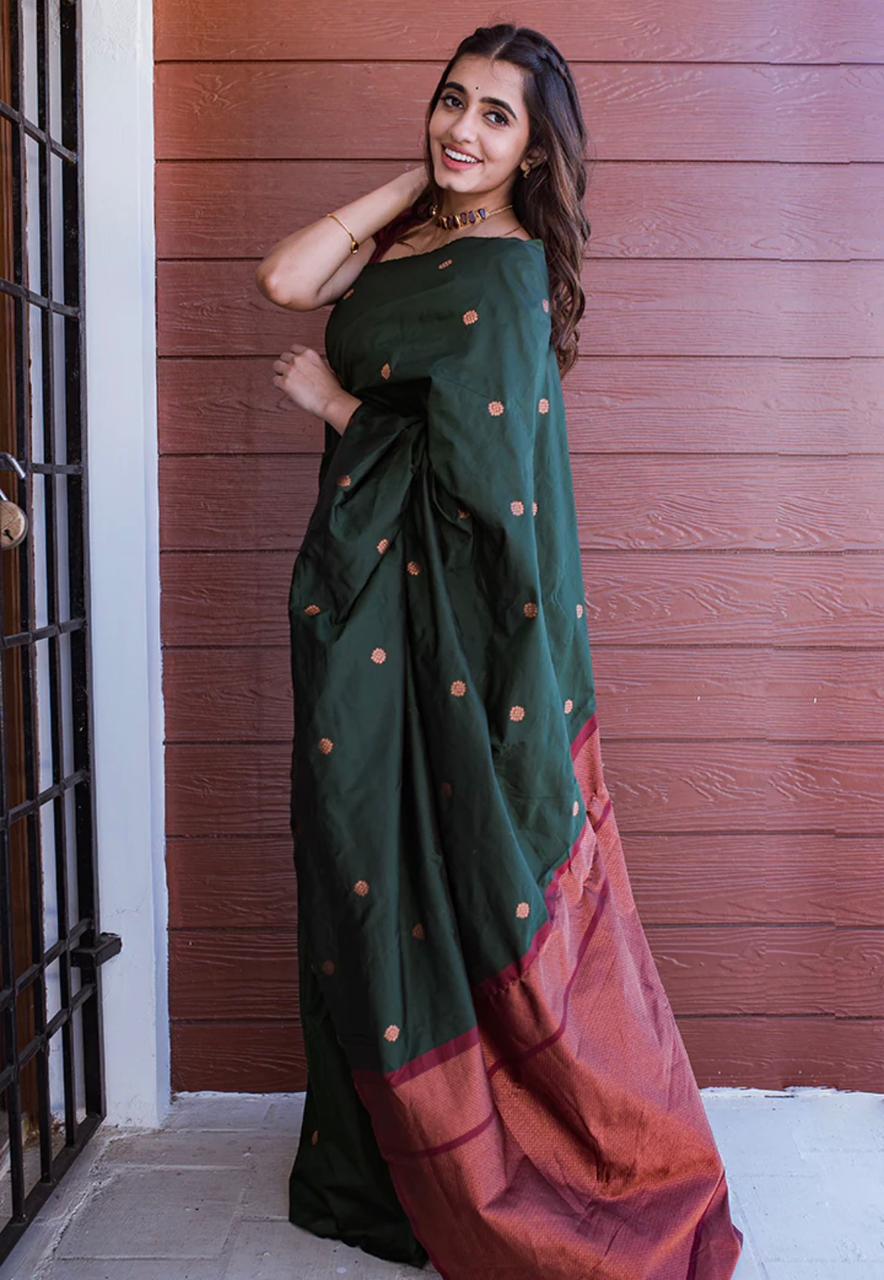 Devastating Dark Green Soft Silk Saree With Staggering Blouse Piece