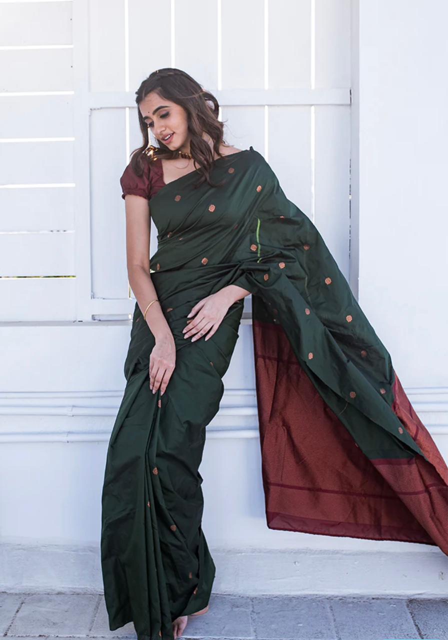 Devastating Dark Green Soft Silk Saree With Staggering Blouse Piece