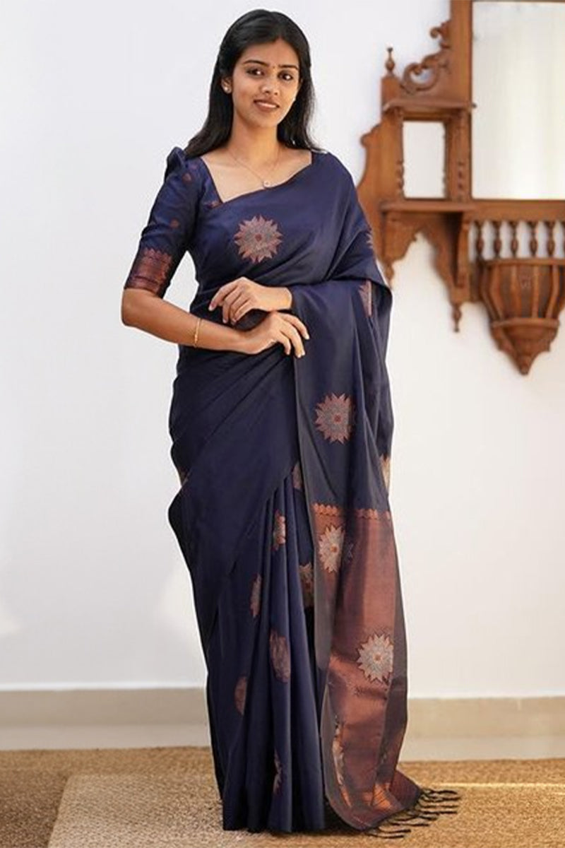 Amazing Navy Blue Soft Silk Saree With Energetic Blouse Piece