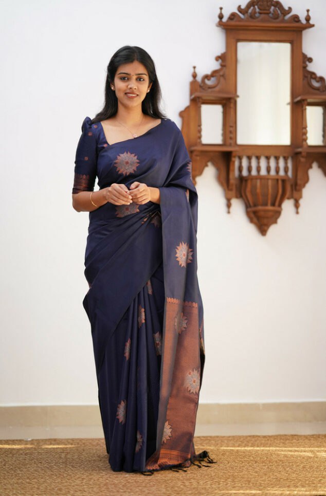 Amazing Navy Blue Soft Silk Saree With Energetic Blouse Piece