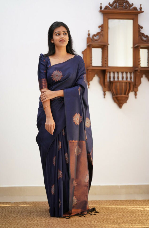 Amazing Navy Blue Soft Silk Saree With Energetic Blouse Piece