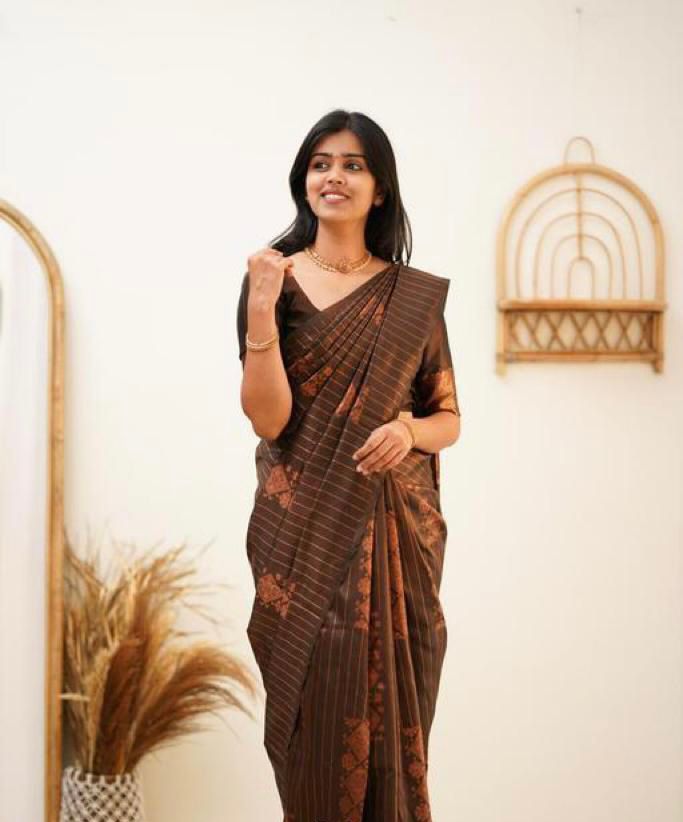 Amazing Brown Soft Silk Saree With Elegant Blouse Piece