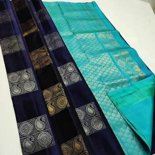 Imaginative Navy Blue Soft Silk Saree With Twirling Blouse Piece