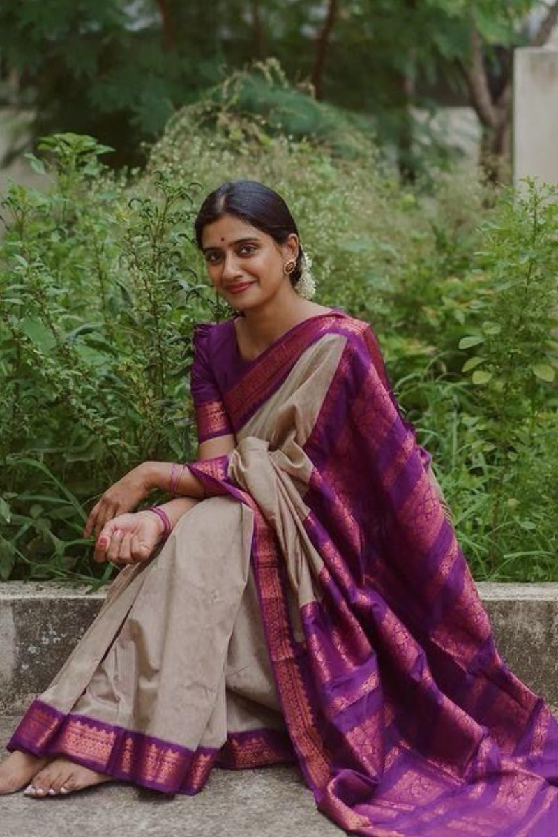 Classic Beige Soft Silk Saree With Whimsical Blouse Piece