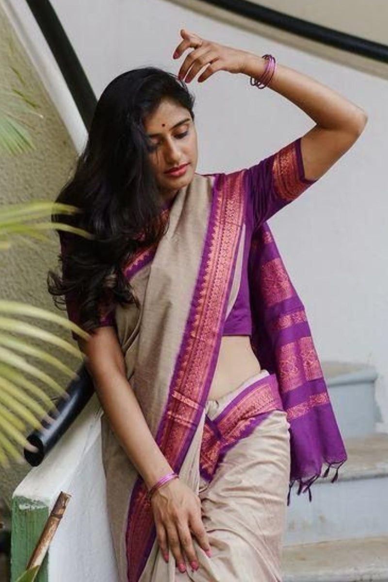 Classic Beige Soft Silk Saree With Whimsical Blouse Piece