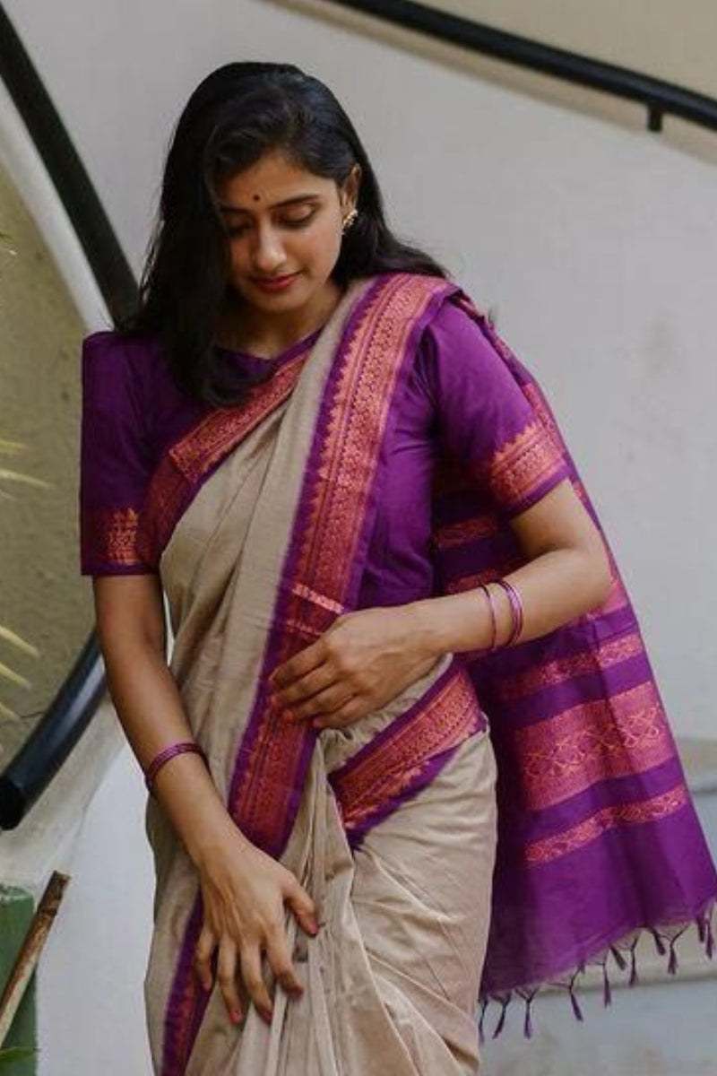 Classic Beige Soft Silk Saree With Whimsical Blouse Piece