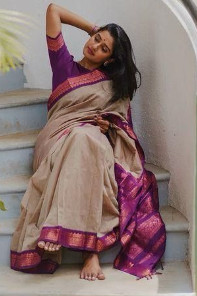 Classic Beige Soft Silk Saree With Whimsical Blouse Piece