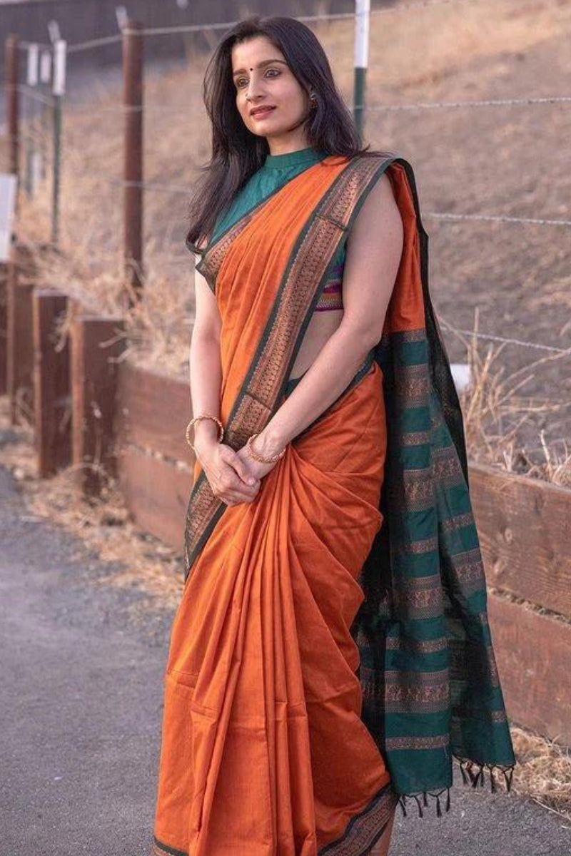 Beleaguer Orange Soft Silk Saree With Nectarous Blouse Piece