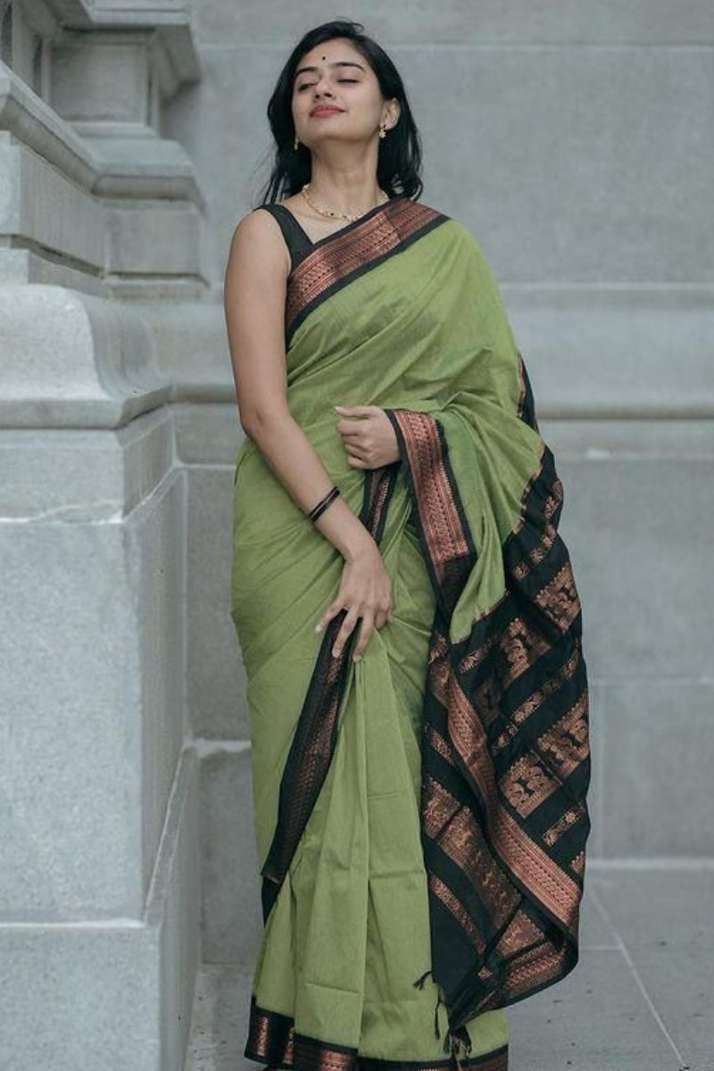 Exquisite Pista Soft Silk Saree With Ravishing Blouse Piece