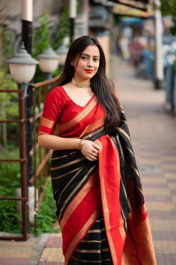 Mesmerising Black Soft Silk Saree With Resonant Blouse Piece