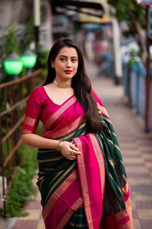 Sensational Dark Green Soft Silk Saree With Beguiling Blouse Piece