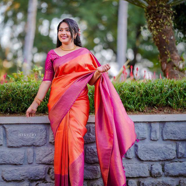 Refreshing Orange Soft Kanjivaram Silk Saree With Beautiful Blouse Piece