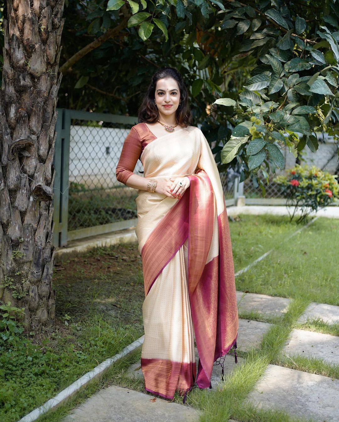 Murmurous Beige Soft Banarasi Silk Saree With Nemesis Blouse Piece