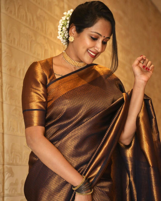 Charming Black Soft Kanjivaram Silk Saree With Surpassing Blouse Piece