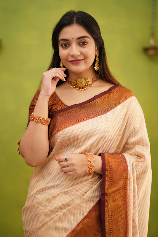 Elision Beige Soft Banarasi Silk Saree With Eloquence Blouse Piece